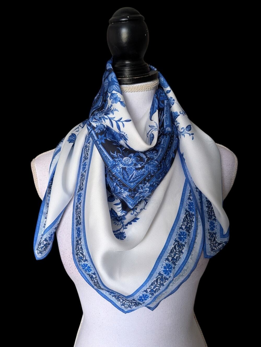 Antonio Melani White Blue Satin Floral Print Chinoiserie Scarf